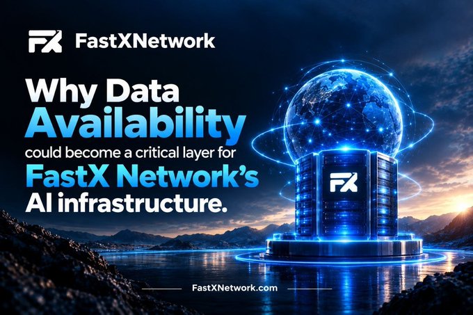 A promotional graphic for FastXNetwork with text 'Why Data Availability could become a critical layer for FastX Network's AI infrastructure,' featuring a glowing blue digital globe on a futuristic server base.