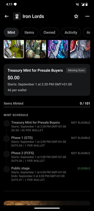 Screenshot of an "Iron Lords" NFT mint page showing a "Treasury Mint for Presale Buyers" priced at $0.00 starting September 1, with a mint schedule including GTD, FCFS, and Public stages.