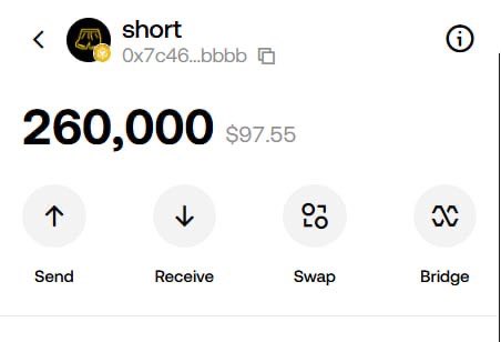 A cryptocurrency wallet screenshot shows a balance of 260,000 (worth $97.55) for a token called 'short' with options to Send, Receive, Swap, and Bridge.