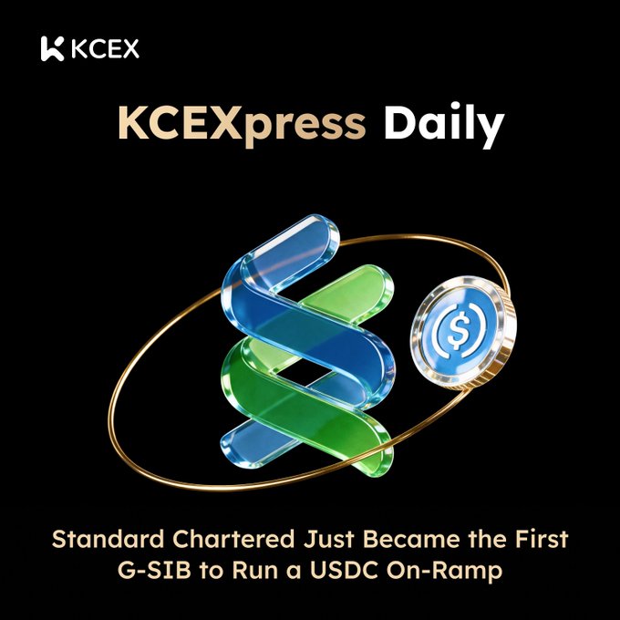 A KCEX 'KCEXpress Daily' news graphic featuring a 3D blue and green logo with a dollar coin, announcing that 'Standard Chartered Just Became the First G-SIB to Run a USDC On-Ramp.'