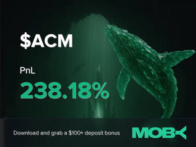 A Moby Mobile promotional graphic featuring a green whale underwater displays a win alert for the $ACM token with a PnL of 238.18%, promoting a $100+ deposit bonus alongside the MOBY logo.