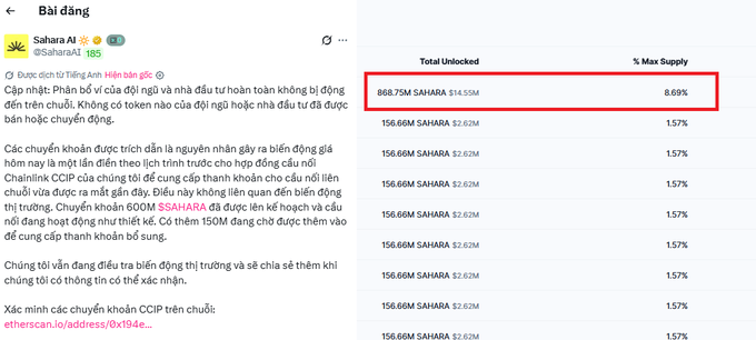 The image features a spreadsheet containing data about the cryptocurrency Ripple (XRP), with columns displaying information such as its name, total supply, price per unit, and total value of units. The spreadsheet also includes a note from the Ripple team that connects the 600M unit they have deposited to the Chainlink CCIP bridge for liquidity purposes, stating that it's not related to the current price fluctuations of Ripple. Additionally, there is an update indicating that on June 26, more 868.75M SAHARA will be added, which is likely a part of the project's ongoing work.