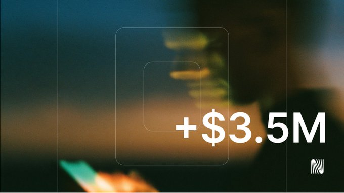 Promotional graphic displaying the text "+$3.5M" over a dark, blurred background with geometric shapes and a logo in the bottom right corner.