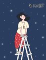 The image features a girl standing on top of two white ladders against a blue sky with stars. The girl appears to be wearing a hat and holding onto the ladder rungs as she looks down at her surroundings. The background includes a starry night sky, which adds to the overall atmosphere of the scene.