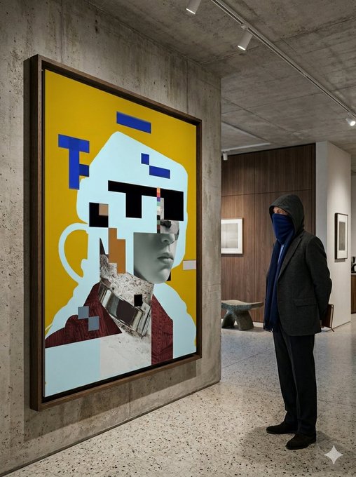 A masked figure in a dark suit and blue face covering standing in a modern art gallery, viewing a large framed digital collage portrait with yellow, blue, and light blue pixelated elements on a concrete wall.