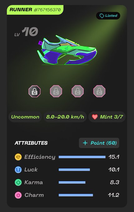 The image shows a pair of shoes with green and blue colors displayed against a black background. The shoes are positioned at the top left corner, and there's text that reads "Runner #380770" and "Livings". This information is related to the shoe game or app being played on a cell phone screen.