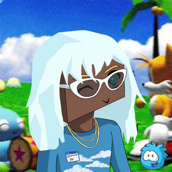 An animated character with light blue hair, sunglasses, and a cloud-patterned blue shirt with a name tag stands in a colorful outdoor setting.
