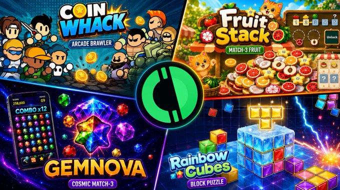 The image features four different games displayed side by side, each with its own unique title. The first game is called "Coin HACK", which appears to be a fighting game for kids. The second game is named "Fruit Stack" and seems to be an arcade-style game that involves stacking fruit on top of one another. The third game is called "Gemnaova" and could possibly be a puzzle or strategy game, while the fourth game is titled "Rainbow Cubes". These games are part of the CiDi Games platform, which offers new ways for Pioneers to use Pi through gaming.