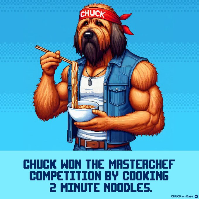 An illustrated meme of a muscular dog character wearing a red 'CHUCK' headband and denim vest, eating instant noodles, with text reading 'CHUCK WON THE MASTERCHEF COMPETITION BY COOKING 2 MINUTE NOODLES.' branded 'CHUCK on Base'.