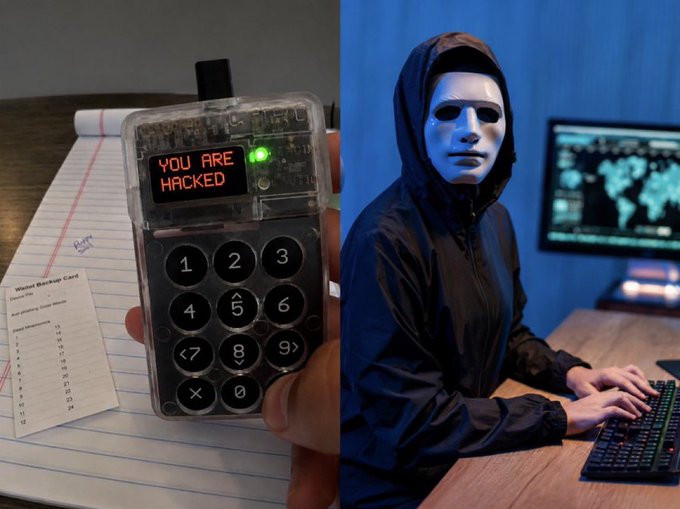 The image depicts a Coldcard Bitcoin hardware wallet displaying "YOU ARE HACKED" next to a hacker at a computer, symbolizing a $38 million loss due to a firmware bug.
