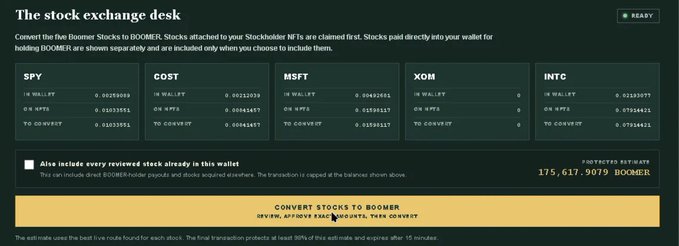 A screenshot of the "stock exchange desk" on boomerstocks.com showing conversion rates for five stocks (SPY, COST, MSFT, XOM, INTC) into $BOOMER, displaying wallet balances, APY rates, and convertible amounts alongside a projected estimate of 175,617.9079 $BOOMER, with a "Convert Stocks to Boomer" button at the bottom for swapping all earned stocks at once.