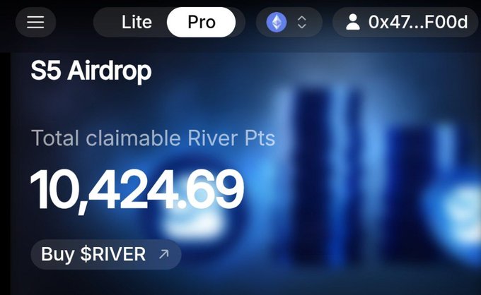 A dark-themed interface displays "S5 Airdrop" with a total of 10,424.69 claimable River Pts, accompanied by a "Buy $RIVER" button, visually confirming the user's Season 5 achievement mentioned in the post. The wallet address ending in "F00d" and Pro mode indicator appear at the top, supporting their claim of consistent point stacking on the River4fun platform.