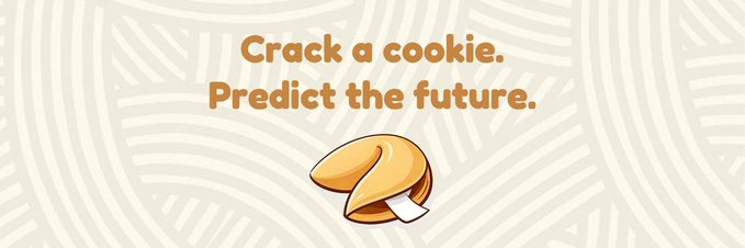 An illustrated fortune cookie appears below the text "Crack a cookie. Predict the future." on a patterned beige background, visually representing Fortune Protocol's AI-driven prediction market platform that consolidates liquidity from major forecasting markets.