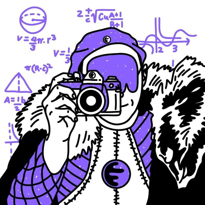 Stylized illustration of a person in a purple hooded jacket holding a camera, surrounded by floating mathematical equations and formulas in purple.