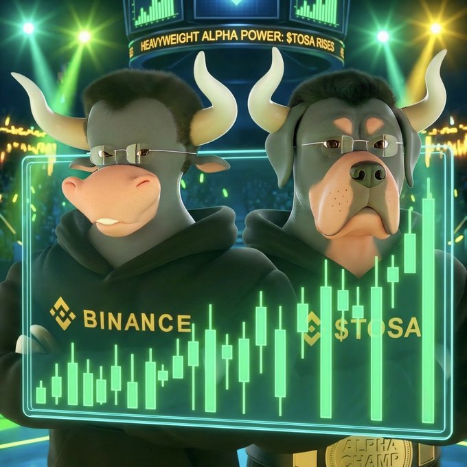 Two bull characters in black hoodies stand side by side holding a glowing green candlestick chart for $STOSA on Binance, with the headline 'HEAVYWEIGHT ALPHA POWER: STOSA RISES' displayed above.