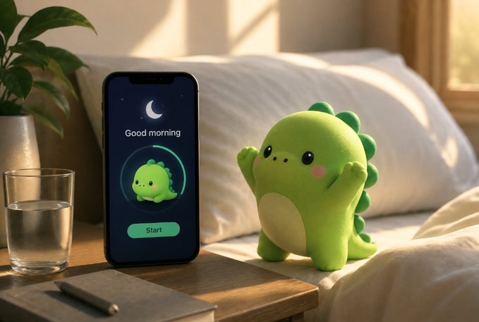 A green dinosaur plushie sits on a bed next to a smartphone displaying a "Good morning" screen with a moon icon and a "Start" button, alongside a glass of water and a notebook with a pen. The cozy, wellness-focused scene visually reinforces the post's theme of Sleepagotchi, highlighting how new leadership is shifting the app's direction toward a calming, lifestyle-oriented experience rather than just game features.