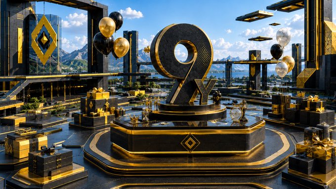 A grand black-and-gold stage showcases a large "9Y" sculpture as its centerpiece, surrounded by presents and floating balloons, with the surrounding posts referencing a hidden-object challenge involving 2 green candles tucked into the celebratory scene.