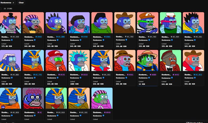 The image shows a marketplace listing of 23 NFT items from the "Ronkverse" collection on Ronin Network, each labeled "Rankverse" with prices ranging from 1K to 11K RON and listed at 945.00 RON, featuring various cartoon-style ape characters with different accessories. This aligns with the "Ronkefy the World" post by @RonkeOnRon, which promotes the Ronke NFT collection on Ronin Network.
