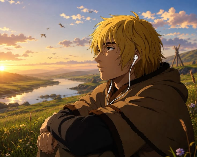 A blonde anime character wearing earphones sits peacefully on a grassy hilltop at sunset, gazing into the distance. The contemplative scene mirrors the post's message about resisting the urge to prematurely define new crypto projects by older benchmarks, encouraging open-ended potential rather than imposed ceilings.