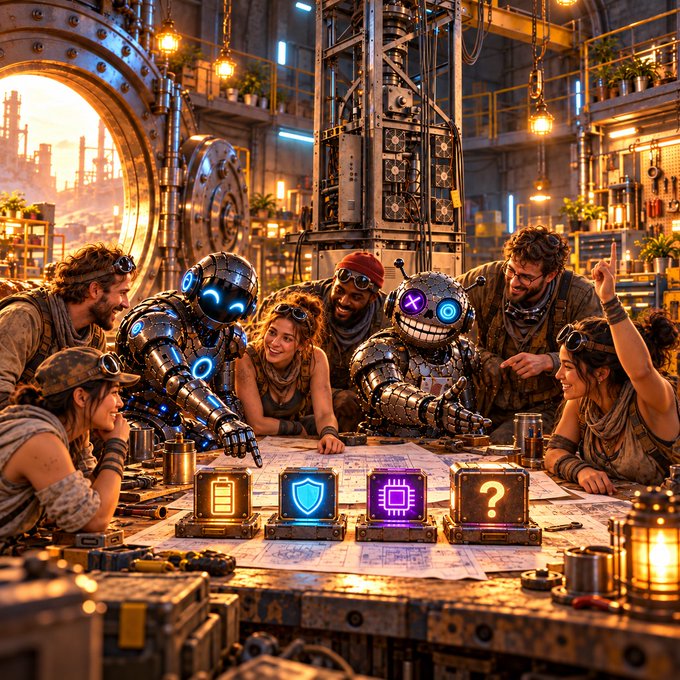 A vibrant digital illustration shows a group of people and two robots with glowing faces gathered around a table in an industrial workshop setting, with glowing icons displaying a battery, shield, chip, and question mark.