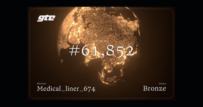 A digital badge showing a glowing golden globe with the number '#61,852' and a member name 'Medical_liner_674' with a 'Bronze' status.