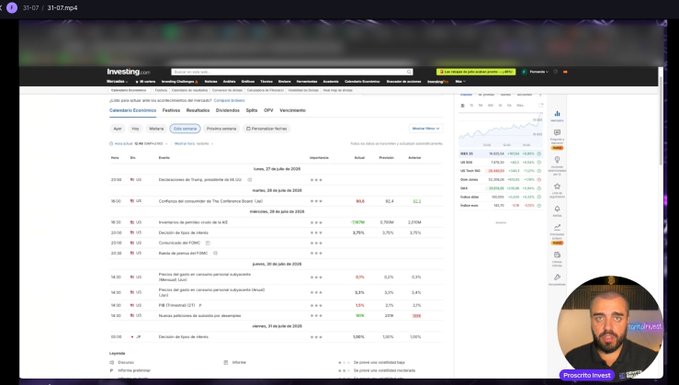 A man appears on a video call overlaid on an Investing.com economic calendar showing upcoming Spanish economic events, including bond auctions and CPI data releases for late June 2025. The screen capture relates to his upcoming YouTube video about macro trading routines and funding rates, as he's referencing economic calendar data to explain market analysis and orderbook mechanics.