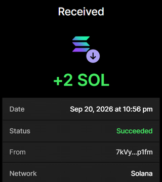A successful Solana transaction confirmation showing receipt of "+2 SOL" on Sep 20, 2026 at 10:56 pm from address 7kVy...p1fm, serving as proof of payment for the 220M $NUKEBULL purchase advertised in the post.
