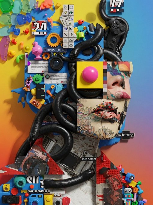 A chaotic digital collage featuring various pop culture and tech imagery, including a pink button, social media screenshots, a snake-like cable, a face with colorful makeup, and multiple 'low battery' and 'STONKS GOING' labels.