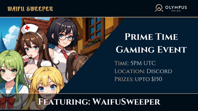 The image features a poster for an event called "Prime Time Gaming Event" that takes place at 5pm-7pm on Saturday, June 2nd. The poster includes a photo of four anime characters with different hairstyles and clothing styles, which are the main attraction of the event. The poster also mentions prizes available for attendees to win during the gaming session.