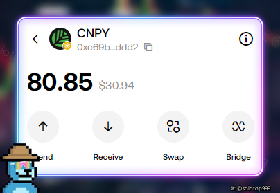 A cryptocurrency wallet interface showing CNPY token with a balance of 80.85 ($30.94), address 0xc69b...ddd2, and action buttons for Send, Receive, Swap, and Bridge.