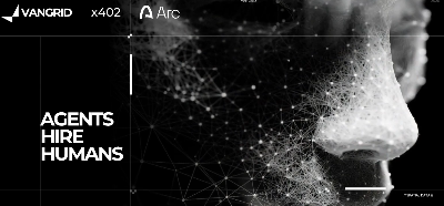 A dark, abstract graphic showing a digital/wireframe mesh forming the shape of a human face on the right side, with text on the left reading 'AGENTS HIRE HUMANS' and small logos for 'VANGRID x402' and 'Arc' at the top.
