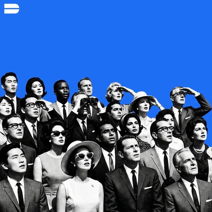 Black and white collage of a diverse crowd of people gazing upward against a bright blue background, with a stylized logo in the upper left corner.