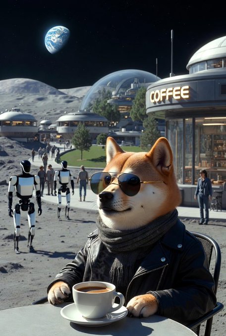 The image features a dog wearing sunglasses, a leather jacket, and holding a cup of coffee while sitting at an outdoor table with chairs. The background shows a cityscape with buildings and people walking around. The caption for the image reads "Hope all $Doge Fam is having a great morning / day so far Keep going".