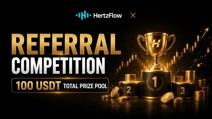 A promotional graphic for the HertzFlow Referral Competition featuring a golden trophy on a podium alongside stacks of coins, with "100 USDT TOTAL PRIZE POOL" and a rising chart in the background—visually reinforcing the post's announcement of a competition where the top 5 referrers split the rewards.