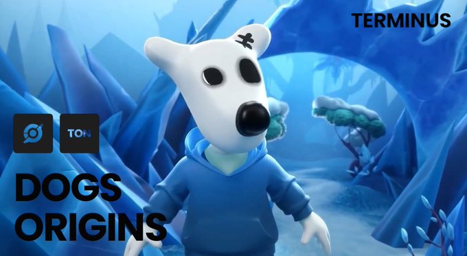 A promotional graphic for 'DOGS ORIGINS' featuring a white dog character in a blue hoodie against an icy blue background, with logos for Steam and TON, and the text 'TERMINUS'.