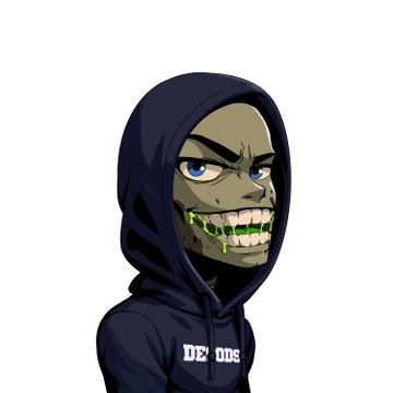 A digital illustration of a hooded character with an exposed green-tinted skull-like face featuring blue eyes and bared teeth, wearing a dark hoodie with 'D32 005' text on it.