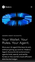 The image is a Hedera promotional graphic featuring a blue abstract 3D rendering above the headline "HEDERA AGENT ACCOUNTS" with the tagline "Your Wallet. Your Rules. Your Agent," promoting AI-driven programmable, non-custodial spending accounts as described in the accompanying post about Hedera's Agent Accounts feature.