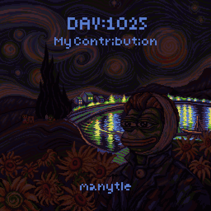 The image features a cartoon of a person wearing glasses, with a cartoon depiction of a painting by Vincent Van Gogh called "Starry Night" over a river. The caption below the image reads "Day 1025: Pepe van Gogh on @basepaint_xyz Today I tried drawing Starry Night Over the Rhône on canvas." This post is related to the artist Vincent Van Gogh, who was known for his painting of "Starry Night". The post seems to be a tribute or appreciation for the artist's work.