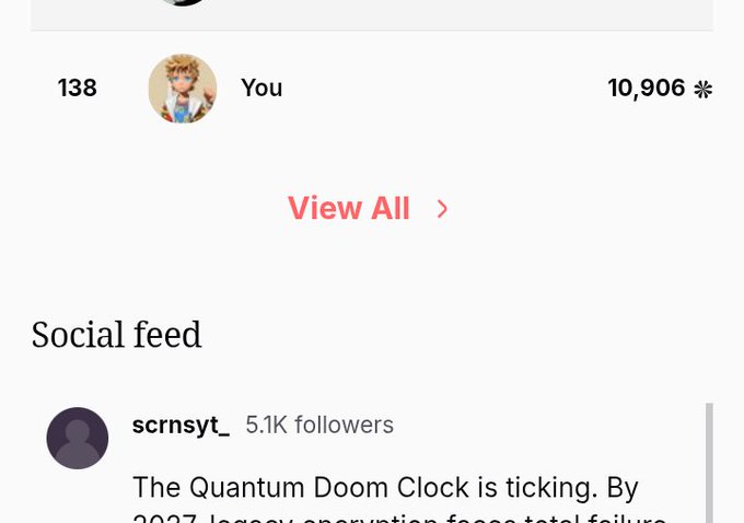 A profile interface showing 138 posts, a 'You' label with anime-style avatar, 10,906 followers, a 'View All' link, and a 'Social feed' section by user 'scrnsyt_' discussing 'The Quantum Doom Clock'.