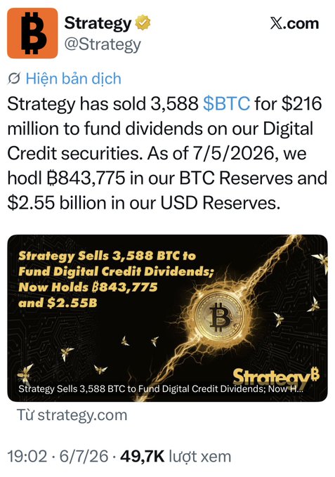 A post from Strategy (@Strategy) on X.com announcing the sale of 3,588 BTC for $216 million, holding 843,775 BTC and $2.55 billion in USD Reserves as of 7/5/2026.
