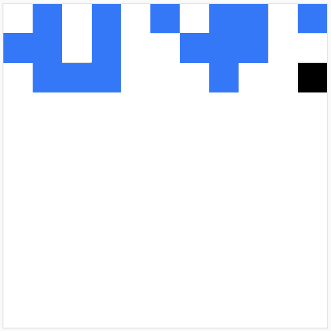 A pixelated image with a mostly white background and scattered blue and black square blocks along the top edge.