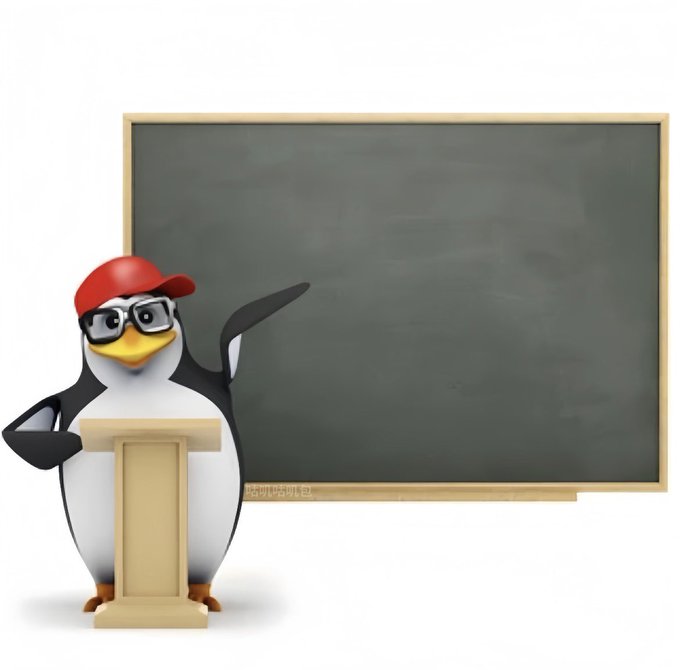 A 3D render of a penguin mascot wearing a red cap and glasses, standing at a podium and pointing at an empty chalkboard.
