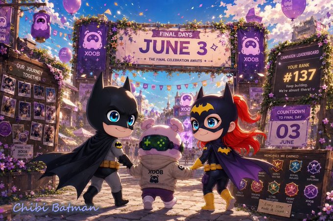 In this image, there are three cartoon characters dressed up as superheroes - a batman character with a cape, a girl with a mask, and another girl wearing a yellow outfit. They appear to be walking together down a street or road, possibly attending an event like the Final Days of June 3. The background features purple banners and balloons, adding color and excitement to the scene. There is also text in the image that reads "Some things get better the more you use them: @XOOBNetwork ImpactFi built around real actions, not empty activity @River4fun @RiverdotInc makes $RIVER participation feel worth returning to @TheARCTERMINAL Memory, context, and intelligence that keep improving over time". This suggests that the characters are participating in an event or gathering related to superhero-themed activities.