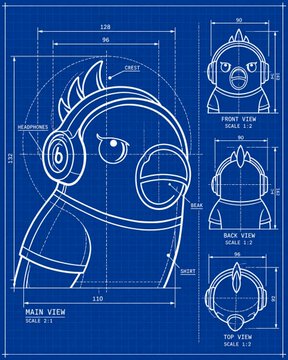 Blueprint-style technical drawing of a cartoon dog character wearing headphones, showing main, front, back, and top views with dimensional measurements.