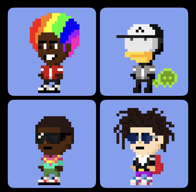 Four pixel-art character sprites arranged in a grid on blue backgrounds, featuring figures with colorful hair, a duck-like character in a hoodie, and characters wearing sunglasses.