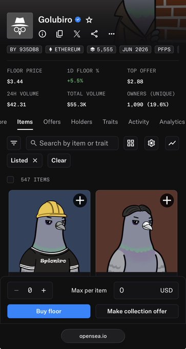 OpenSea NFT collection page for "Golubibro" (BY 935088) on Ethereum, showing a floor price of $3.44, 647 items, and pigeon character artwork.