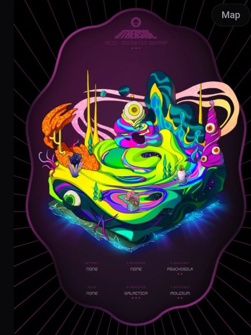 A colorful psychedelic digital artwork titled "ACID - OCEANIC SWAMP" displaying a surreal floating island scene with swirling neon colors, strange creatures, and text at the bottom showing names like "PSYCHOSILIA," "GALACTICA," and "NOLOLIUM."