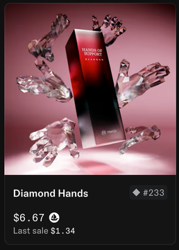 This image displays a digital collectible card for the NFT titled "Diamond Hands" (#233), featuring a red Maison Margiela fragrance box surrounded by floating crystal shards against a pink background. The card shows a current price of $6.67 with a last sale of $1.34, which relates to the accompanying post by highlighting a specific NFT asset potentially held in a collector's portfolio.