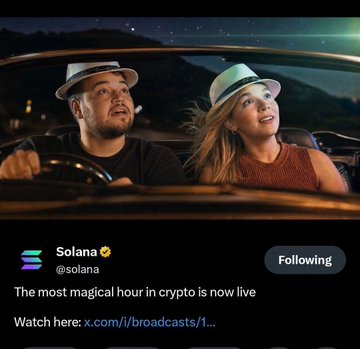 A Solana (@solana) social media post featuring a couple in a convertible car at night, announcing 'The most magical hour in crypto is now live'.