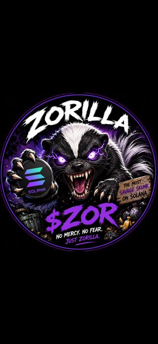 A circular graphic design on a black background featuring a snarling honey badger, the text 'ZORILLA' and '$ZOR', 'NO MERCY. NO FEAR. JUST ZORILLA.', a Solana logo, and a sign reading 'THE MOST SAVAGE SKUNK ON SOLANA'.